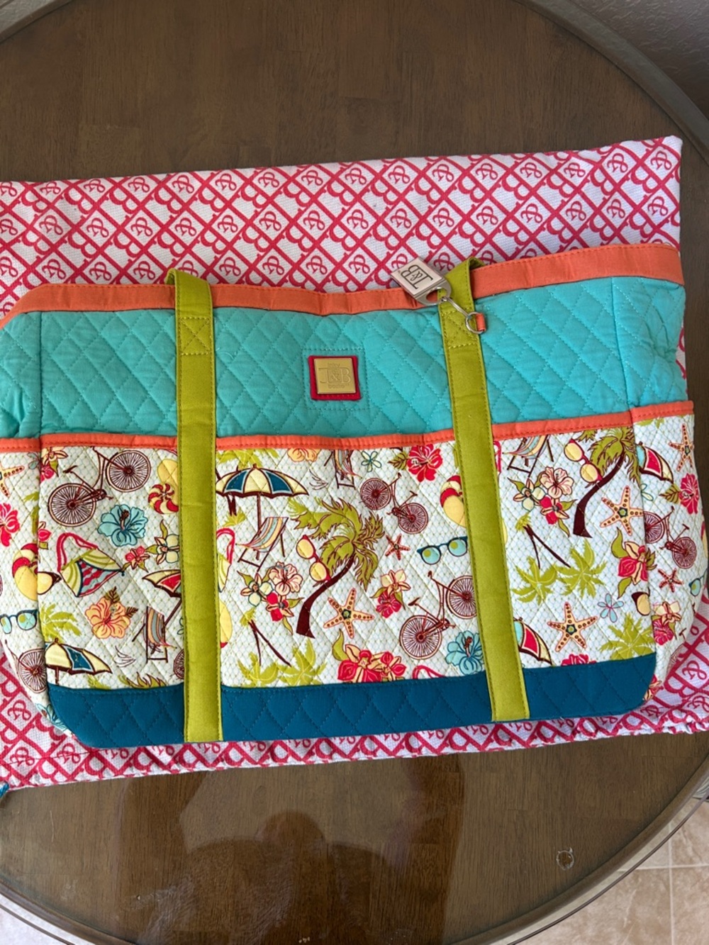 Quilted Beach Tote in Turquoise, Lime & Teal